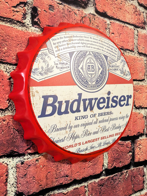 Budweiser Beer Bottle Cap Metal Sign 14" | Mancave Garage Bar Patio Home Decor