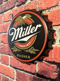 Retro Inspired Miller Beer Bottle Cap Sign 14" | Mancave Garage Bar Patio Home Decor